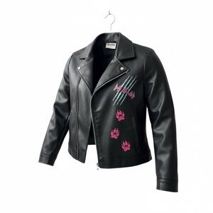 Black Faux Leather Jacket with Pink Paw Prints